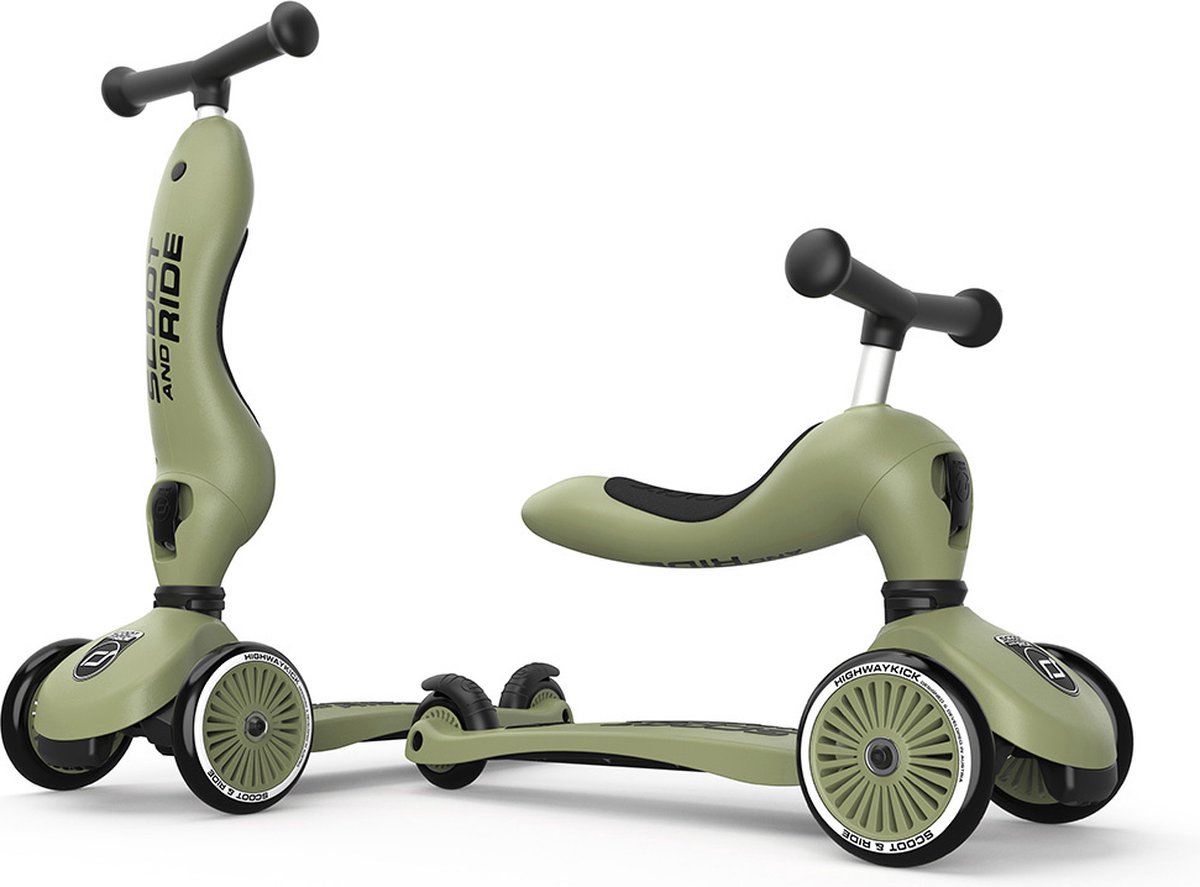 Scoot & Ride Highwaykick 1 - 2-in-1 Kinderstep - Loopfiets en Step in Één - Zonder Gereedschap Ombouwbaar - Veilig en Stabiel - Olijf (9120133000010)