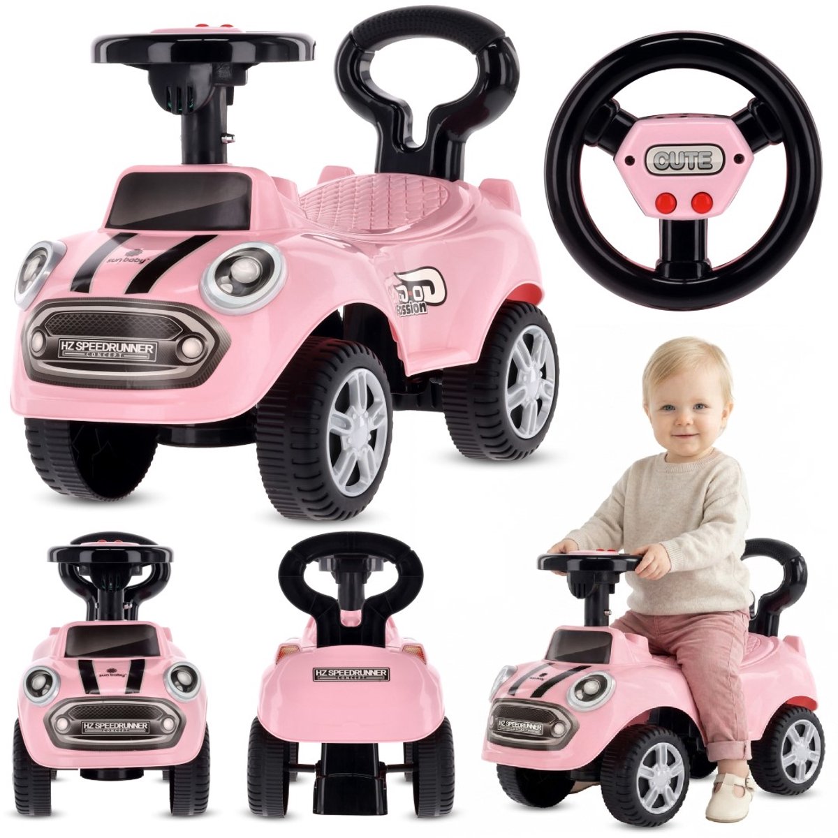 sun baby Loopauto vanaf 1 jaar, auto voor babys, indoor kinderauto met geluiden, grote kunststof wielen, Kantelbeveiliging, beperkt draaivermogen - Roze (5905525357460)