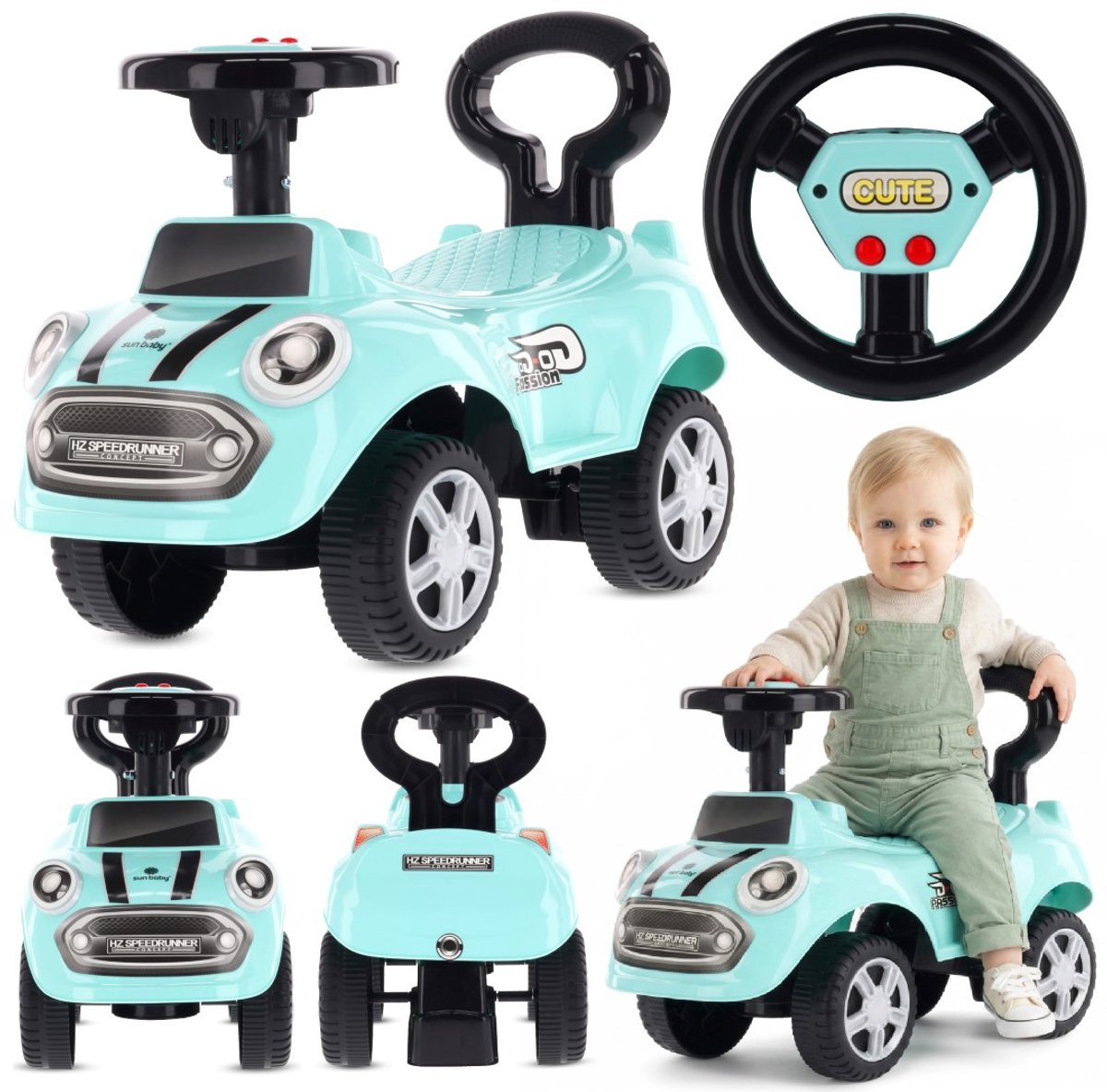 sun baby Loopauto vanaf 1 jaar, auto voor babys, indoor kinderauto met geluiden, grote kunststof wielen, Kantelbeveiliging, beperkt draaivermogen - Salie (5905525357644)