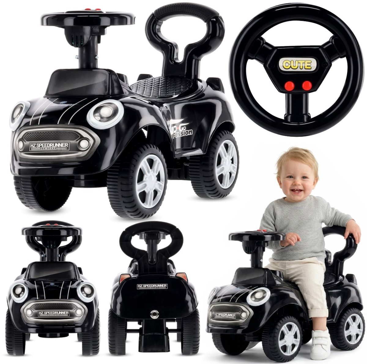 sun baby Loopauto vanaf 1 jaar, auto voor babys, indoor kinderauto met geluiden, grote kunststof wielen, Kantelbeveiliging, beperkt draaivermogen - Zwart (5905525357477)