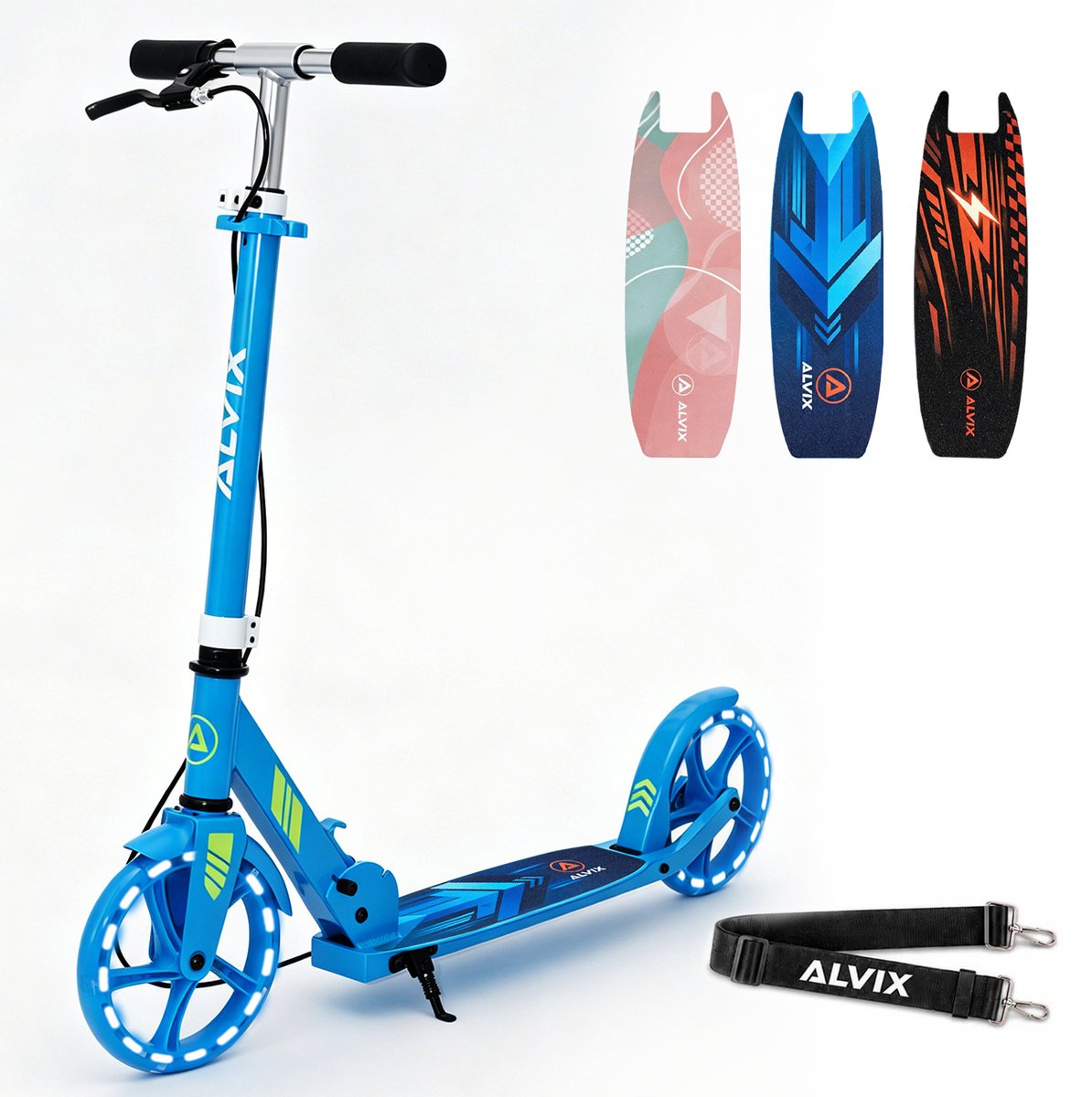 ALVIX Kinderstep blauw met handrem en LED-wielen, opvouwbare step voor kinderen vanaf 6 jaar, 200 mm wielen, verstelbaar stuur, draagriem, breed deck, tot 100 kg (4262554390280)