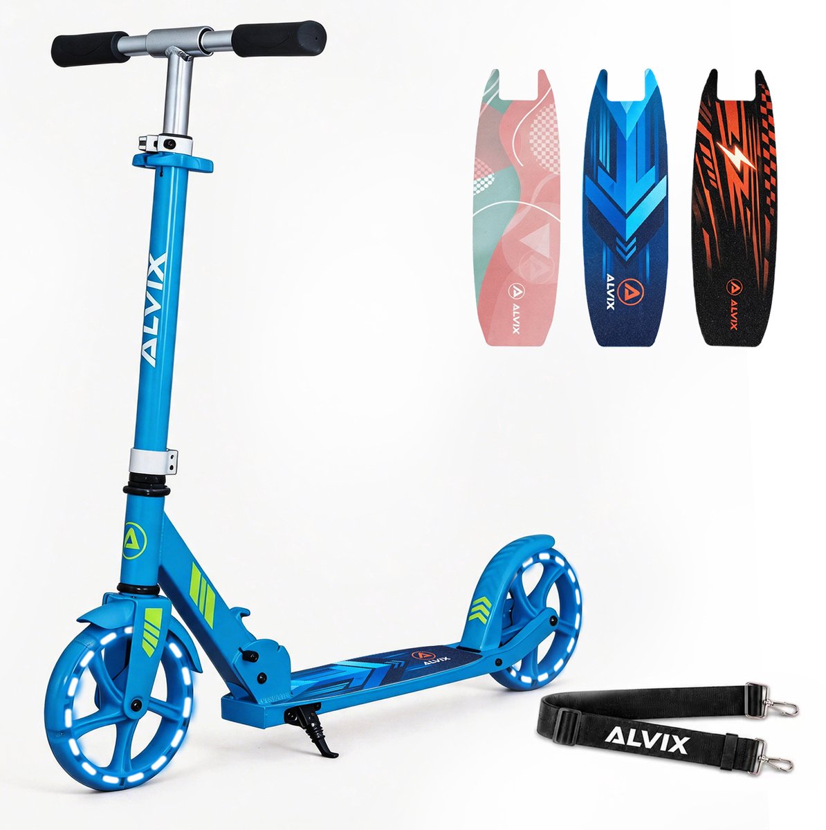 ALVIX Kinderstep blauw, opvouwbare step voor kinderen met 200 mm LED-wielen, draagriem, in hoogte verstelbaar stuur, breed deck, vanaf 6 jaar, tot 100 kg (4262554390259)