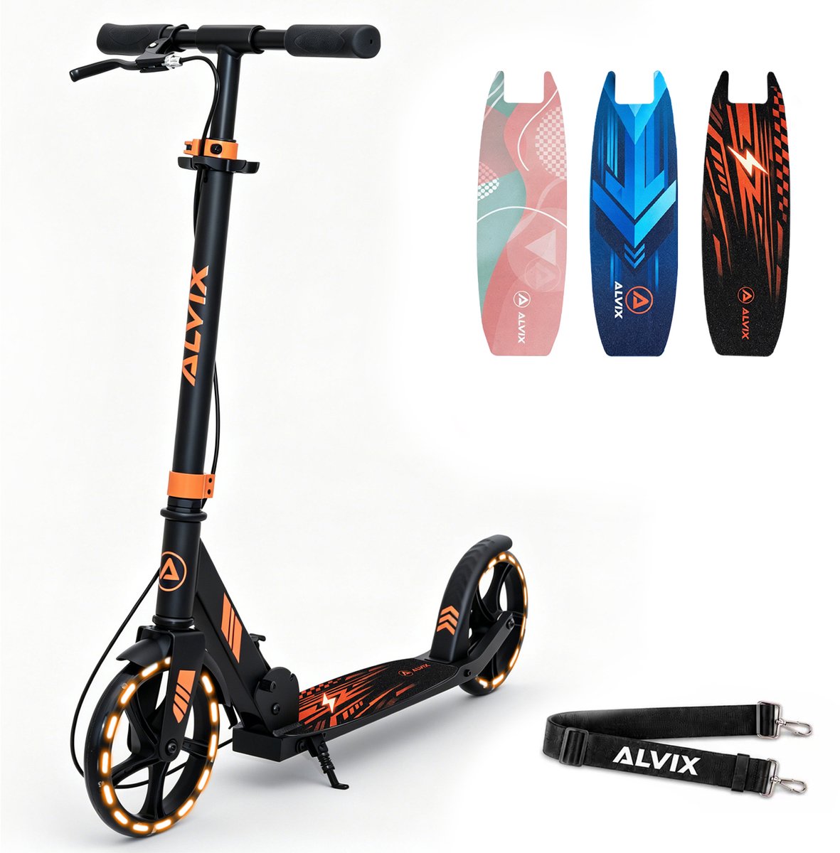 ALVIX Kinderstep met handrem & LED wielen, in hoogte verstelbaar, opvouwbare kickstep met draagriem, 200 mm wielen, breed deck, tot 100 kg (4262554390273)