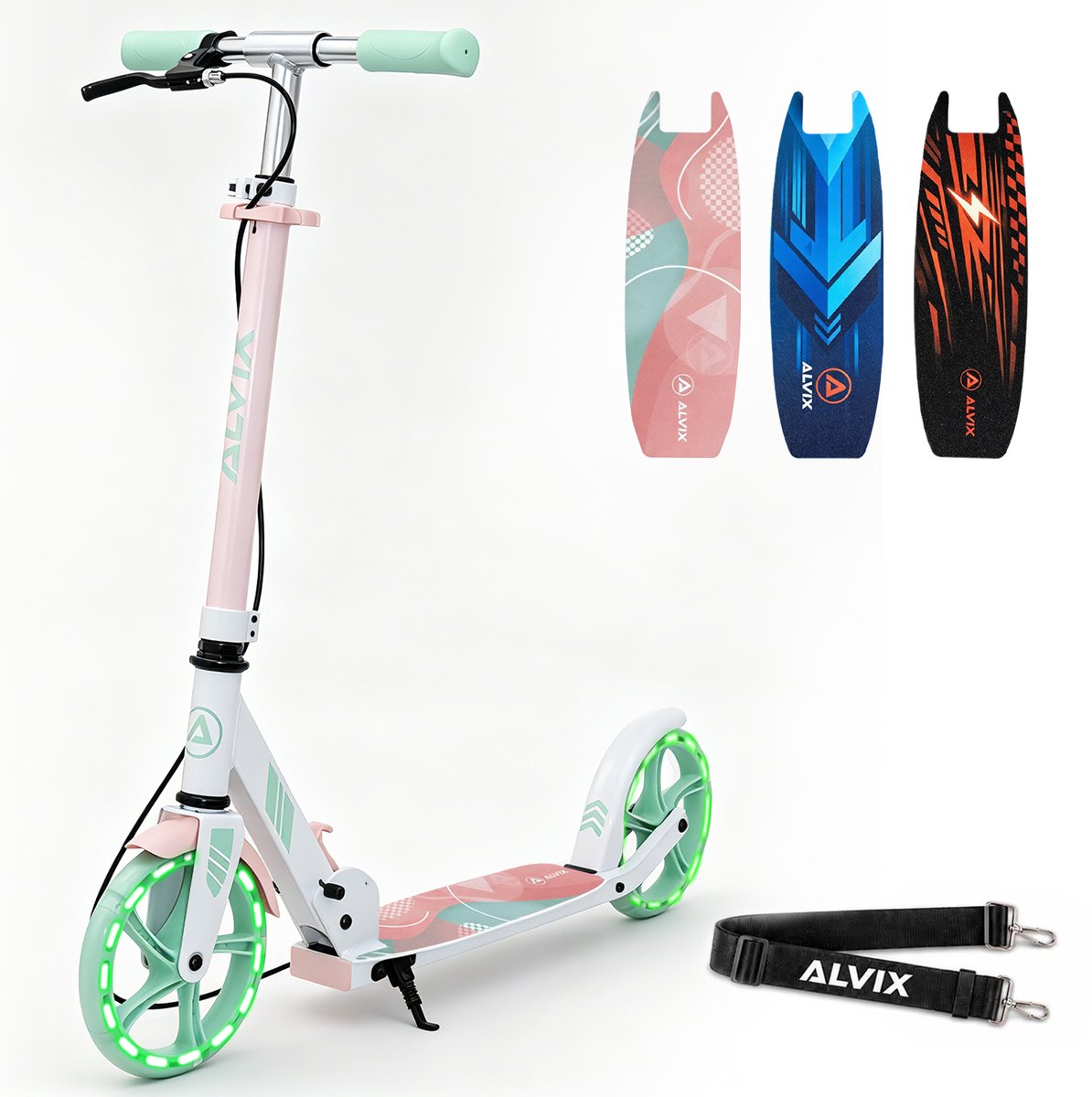 ALVIX Kinderstep roze met handrem en LED-wielen, opvouwbare step voor kinderen vanaf 6 jaar, 200 mm wielen, verstelbaar stuur, draagriem, breed deck, tot 100 kg (4262554390297)