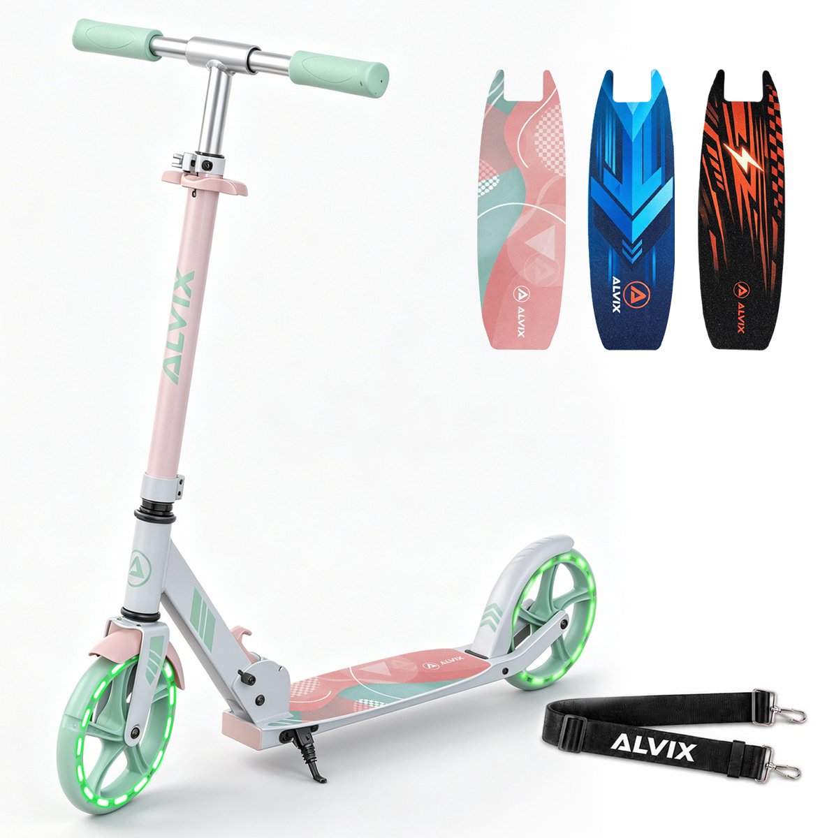 ALVIX Kinderstep roze, opvouwbare step voor kinderen met 200 mm LED-wielen, draagriem, in hoogte verstelbaar stuur, breed deck, vanaf 6 jaar, tot 100 kg (4262554390266)