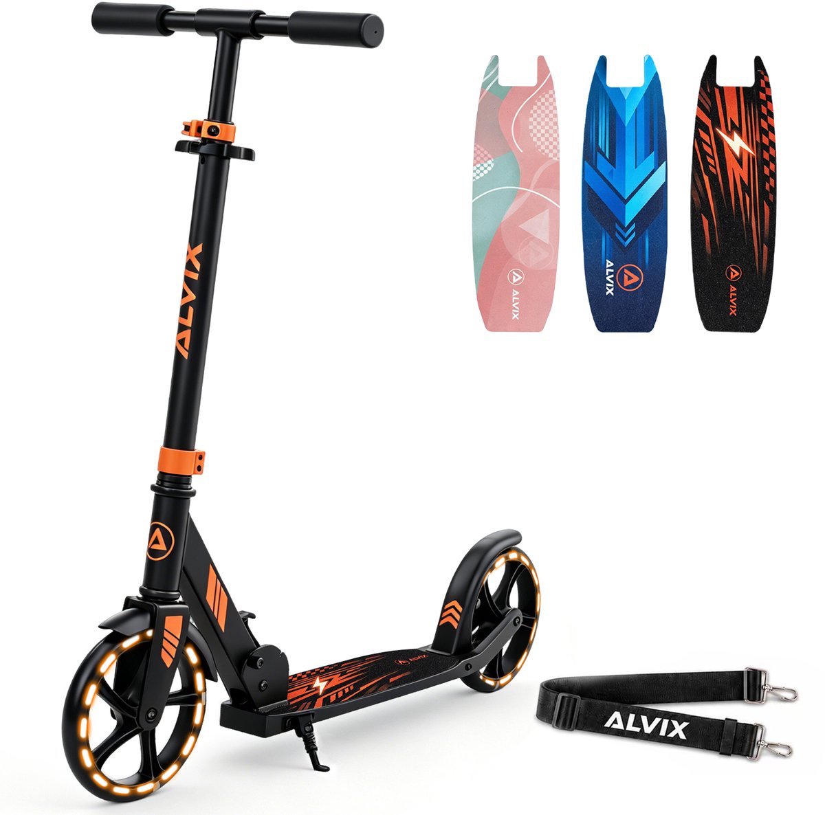 ALVIX Kinderstep zwart, opvouwbare step voor kinderen met 200 mm LED-wielen, draagriem, in hoogte verstelbaar stuur, breed deck, vanaf 6 jaar, tot 100 kg (4262554390242)