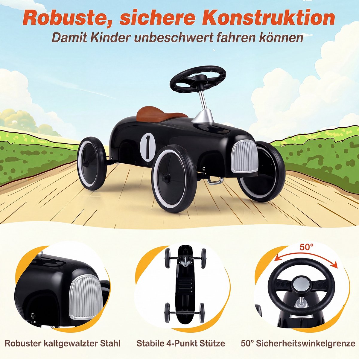 COSTWAY Rijauto van metaal voor kinderen vanaf 1 jaar (Zwart) | draagbaar rijvoertuig met stuurbegrenzing, comfortabele zit, antislipwielen, indoor/outdoor kinderauto voor jongens/meisjes (0672669414032)