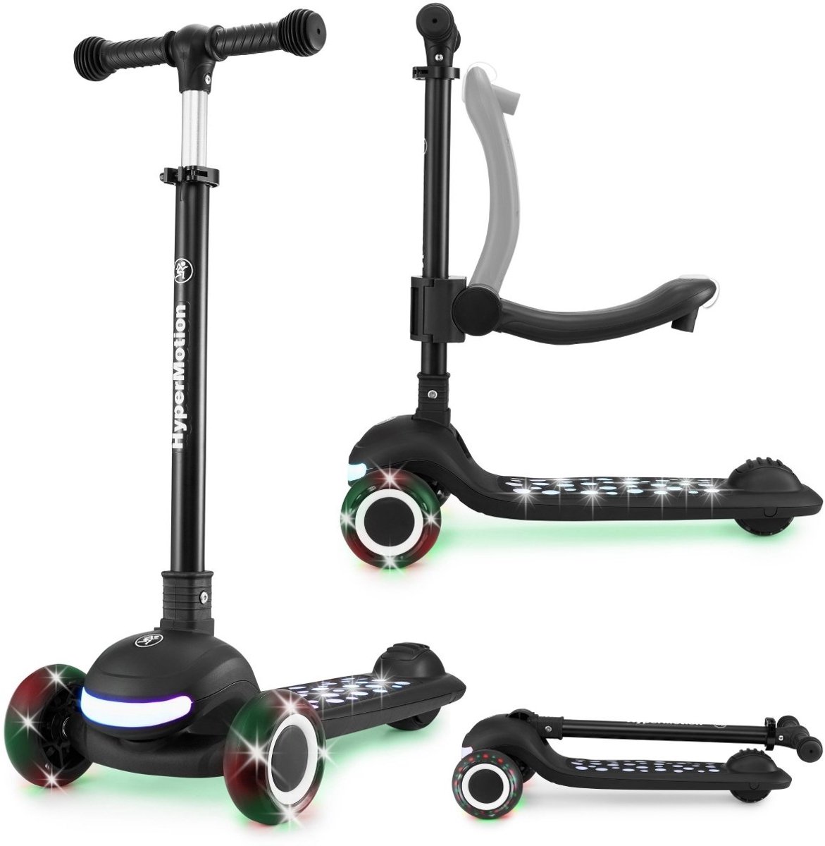 HyperMotion LUMI 3-in-1 kinderstep met LED-verlichting, verstelbaar zitje, opvouwbaar, PU-wielen, T-bar stuur, tot 50 kg, vanaf 1 jaar, voor binnen en buiten gebruik (5900168938434)