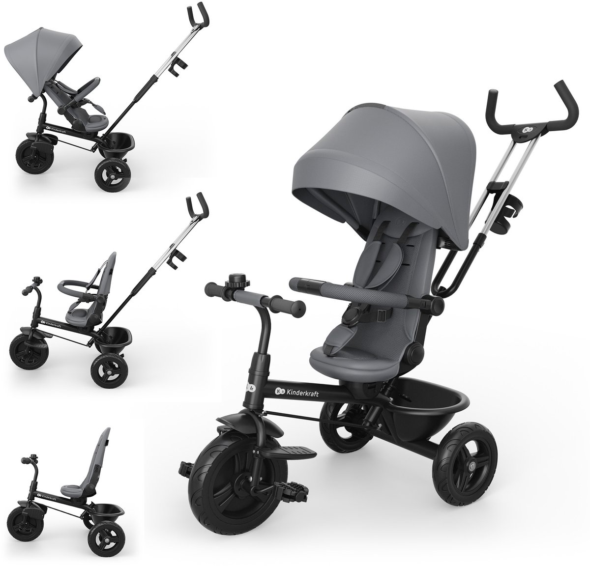 Kinderkraft ASTON 2 PLUS Driewieler - 9 maanden tot 5 jaar - Draaibare Zitting - Vrijloopfunctie - Inklapbare Kap - Grijs (5902533929900)