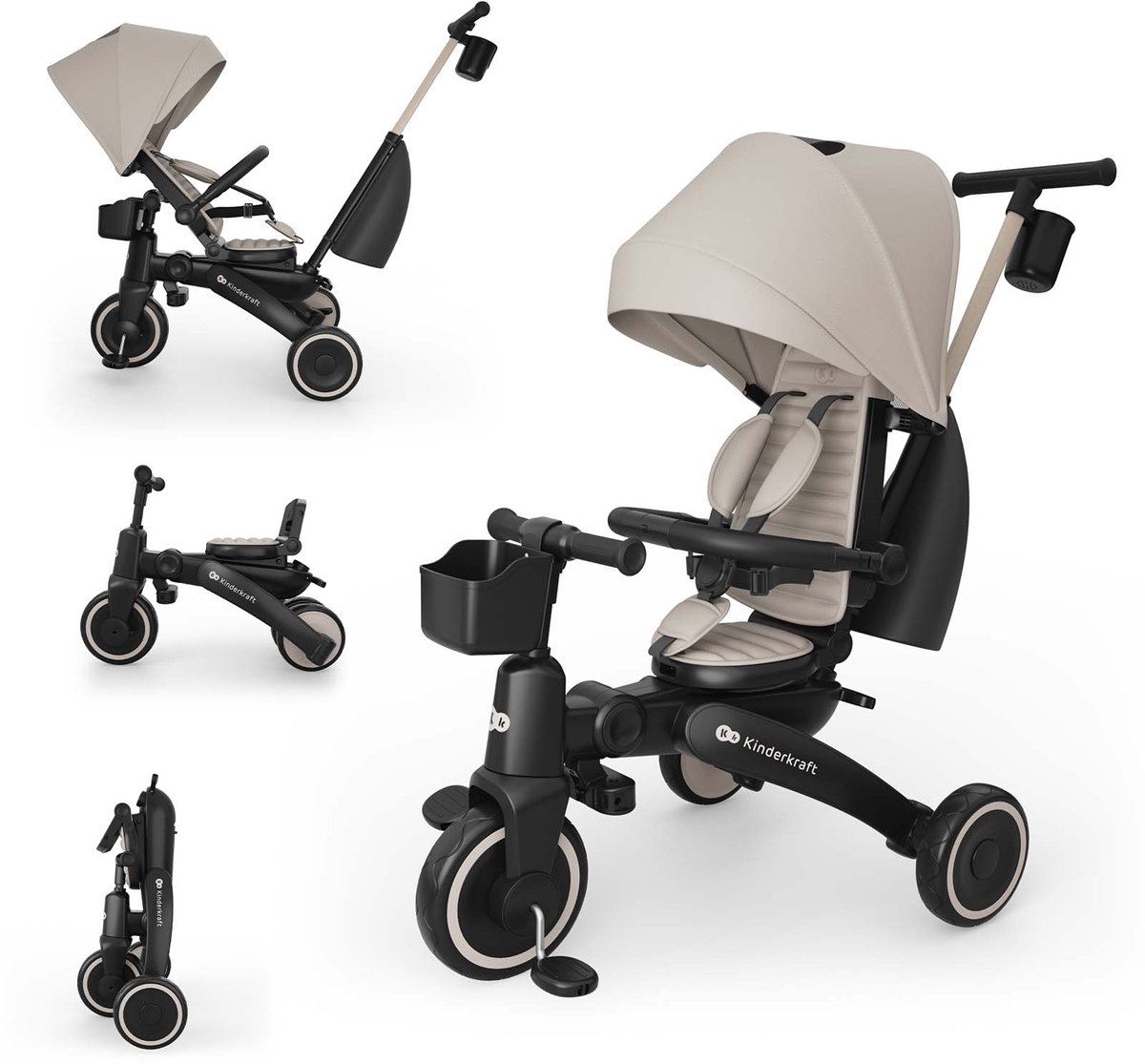 Kinderkraft JAZZ 3 Driewieler - 9 maanden tot 5 jaar - Inklapbaar & Lichtgewicht - 360° Draaibare Click & Twist Stoel - Verstelbare Oudergreep & Zonnekap - Beige (5902533929986)