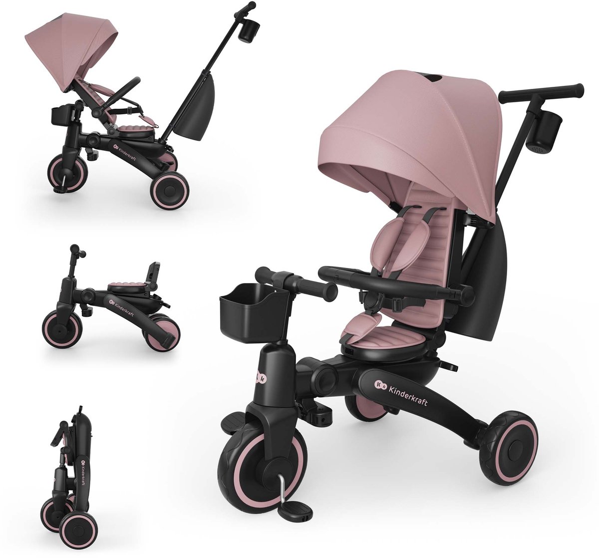Kinderkraft JAZZ 3 Driewieler - 9 maanden tot 5 jaar - Inklapbaar & Lichtgewicht - 360° Draaibare Click & Twist Stoel - Verstelbare Oudergreep & Zonnekap - Roze (5902533930012)