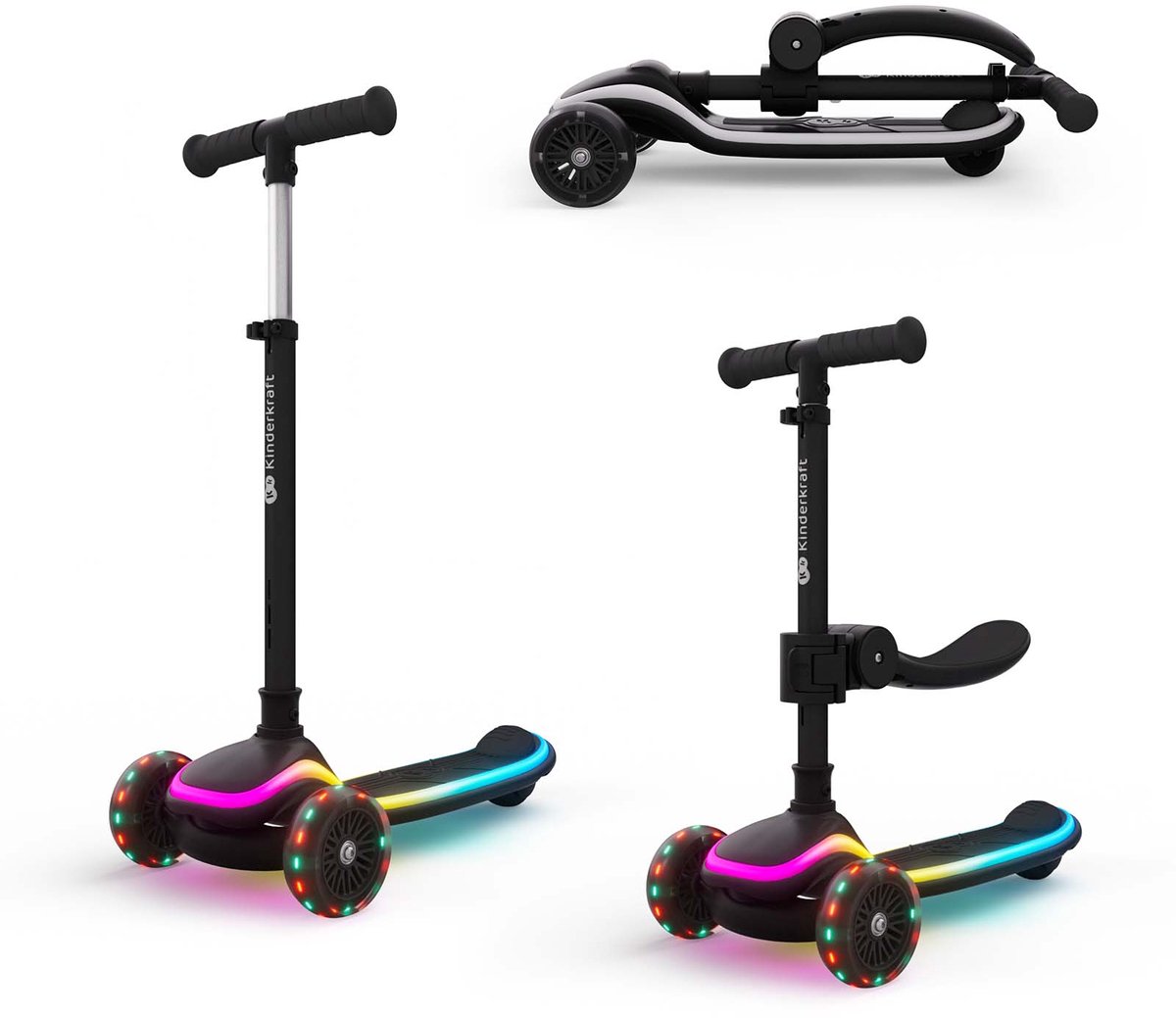 Kinderkraft RAKET UP 2-in-1 Loopfiets en Driewieler Step - 3-Wiel kinderstep - vanaf 2 jaar tot 50 kg - Wielen met RGB LED's - Opvouwbaar in 2 seconden - Verstelbaar stuur - Zwart (5902533930029)