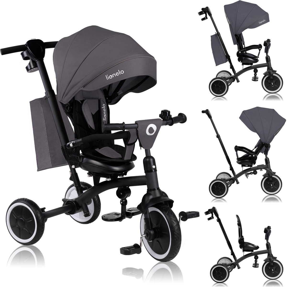 Lionelo Tris Plus Driewieler 2in1 - Kinderwagen & Driewieler - 360° Draaibare Zitting - Vanaf 9 Maanden tot 5 Jaar (25 kg) - Grote PU Anti-Lek Wielen - Verstelbare Rugleuning - Ouderstuur - Vrijloopfunctie - Inclusief Accessoireset (5903771707442)