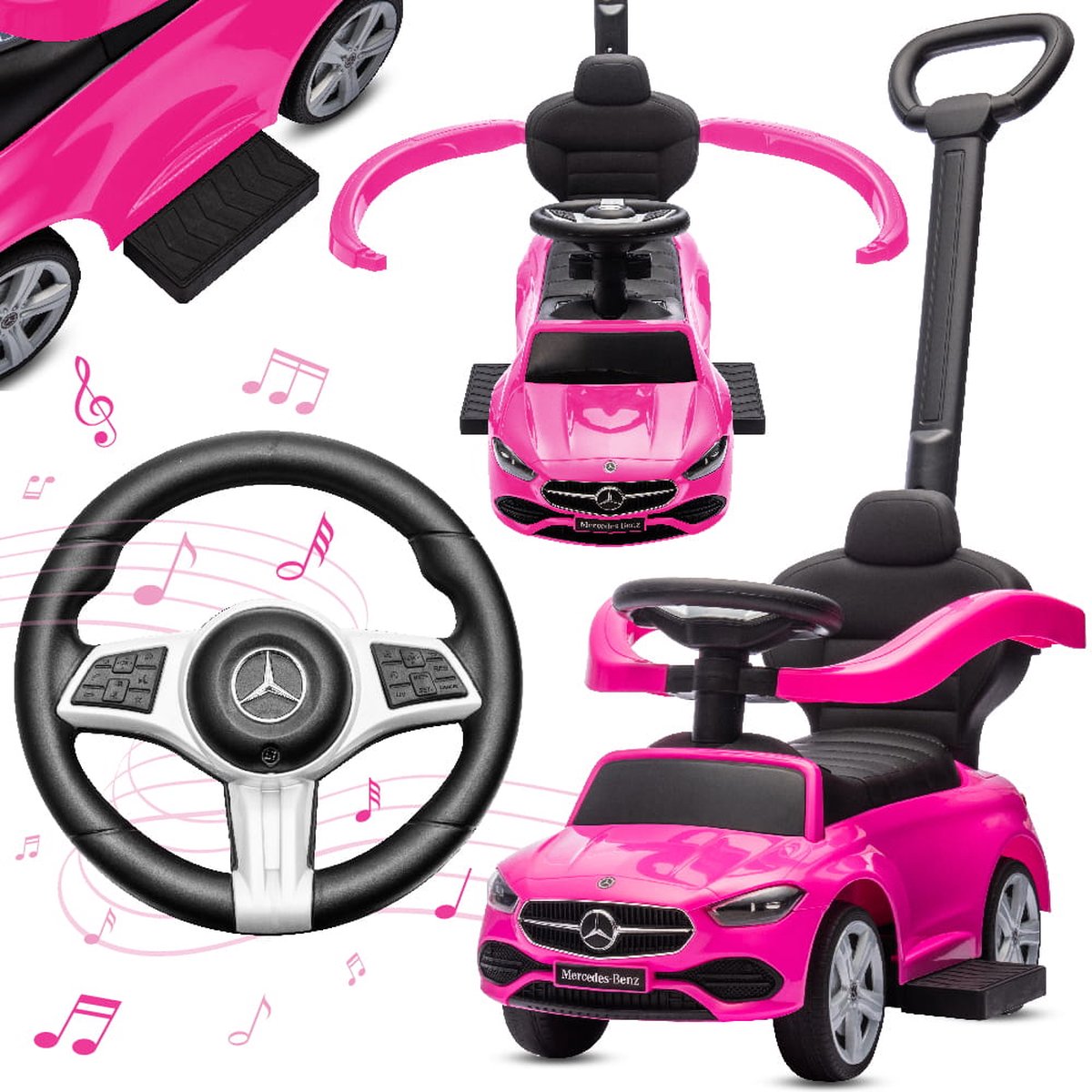 Mercedes C-Class Kindervoertuig 4in1, Loopauto met Claxon, Opbergruimte, Voetsteun, Duwstang, tot 2 jaar, max 27 kg, baby ride on (Roze) (5905525353240)