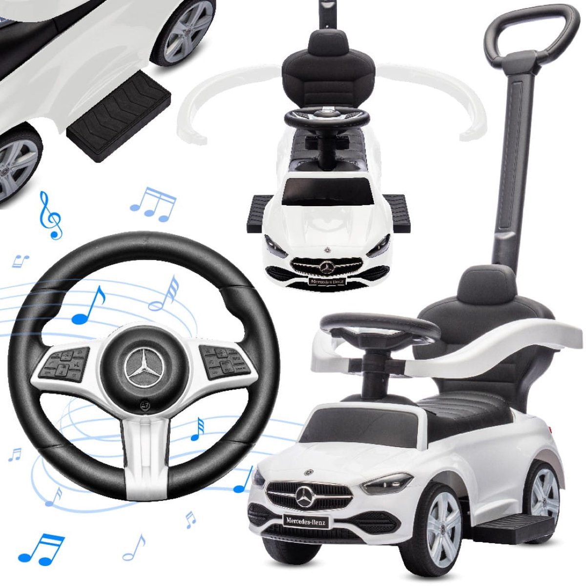 Mercedes C-Class Kindervoertuig 4in1, loopauto met Claxon, Opbergruimte, Voetsteun, Duwstang, tot 2 jaar, max 27 kg, baby ride on (Wit) (5907798857562)