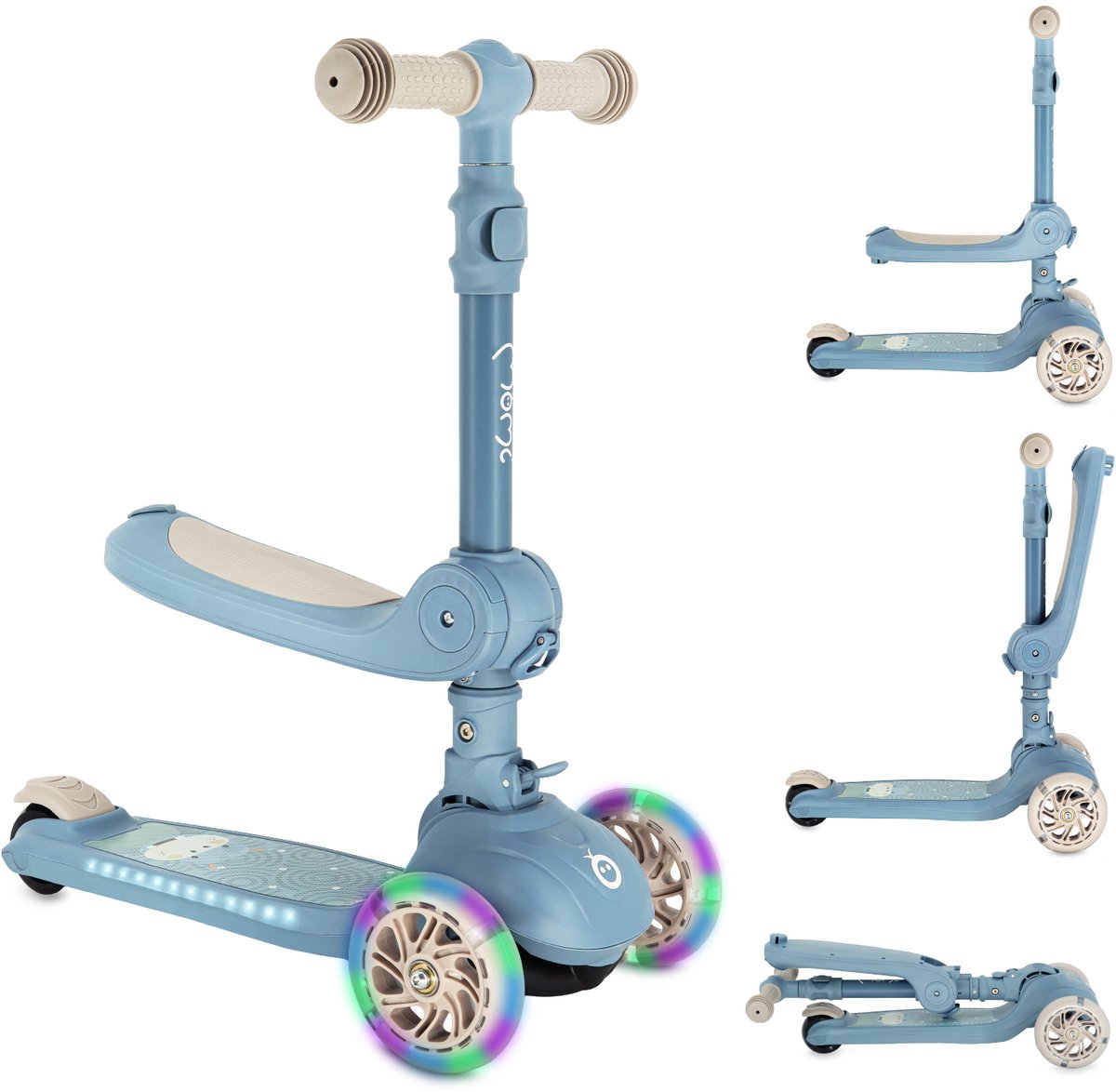 MoMi DEBE - 2-in-1 Kinderstep met Zitje - Opvouwbaar - LED Wielen - Verlicht Deck - Blauw (5907582348504)
