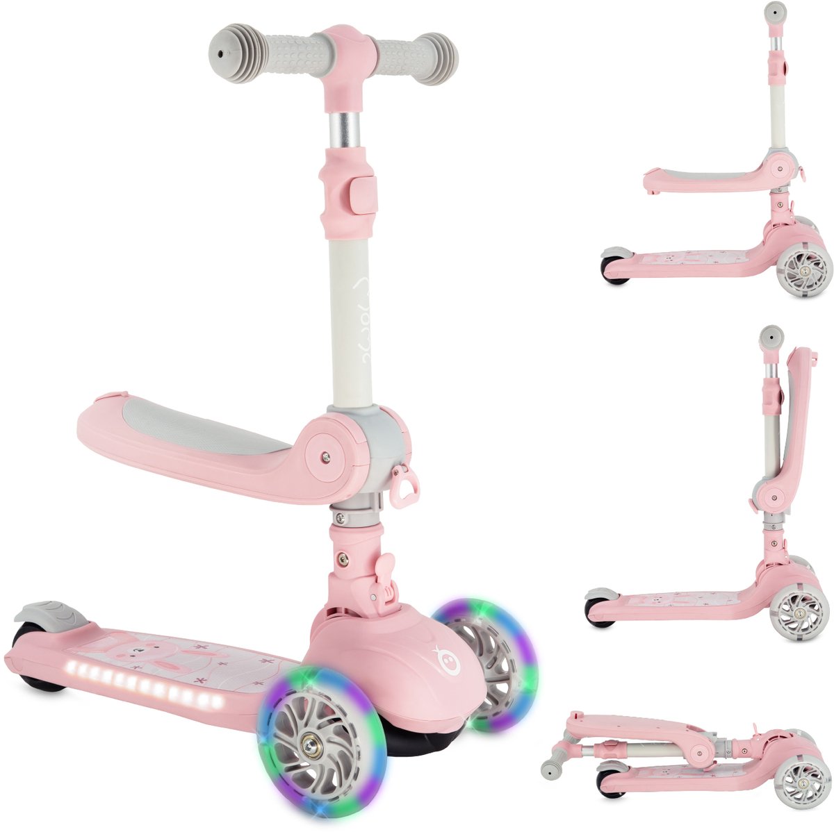 MoMi DEBE - 2-in-1 Kinderstep met Zitje - Opvouwbaar - LED Wielen - Verlicht Deck - Roze (5907582348481)