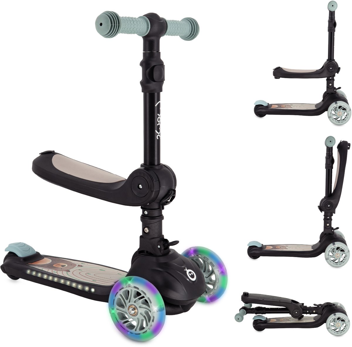 MoMi DEBE - 2-in-1 Kinderstep met Zitje - Opvouwbaar - LED Wielen - Verlicht Deck - Zwart (5907582348498)