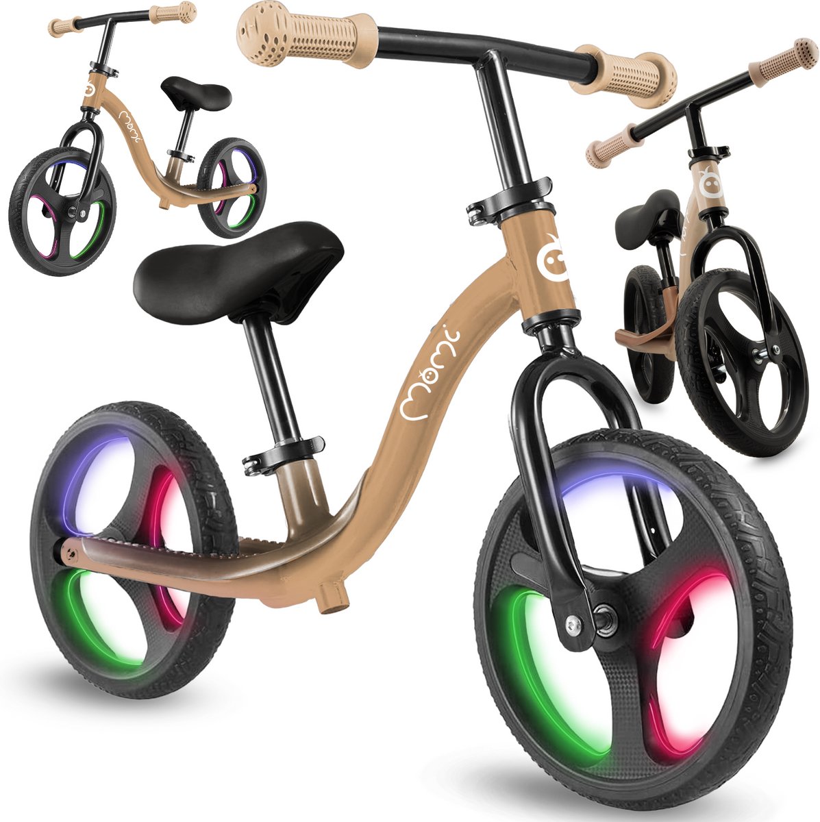 MoMi ISOKA Loopfiets met LED-wielen, Verstelbaar Zadel en Stuur - Zonder Pedalen - Beige (5907457782297)