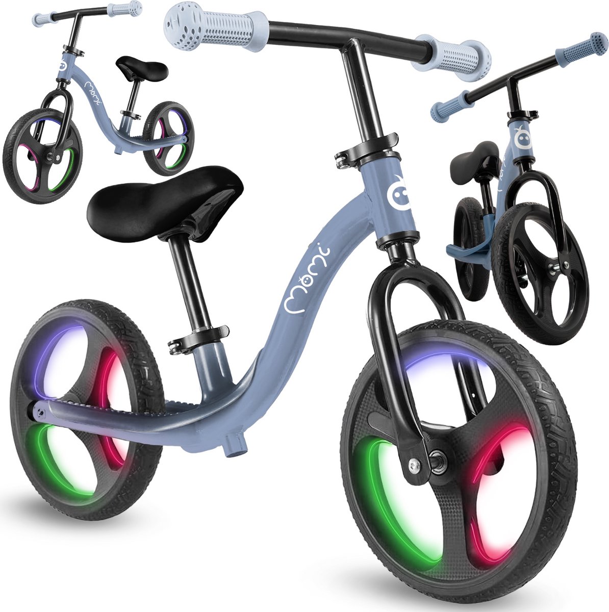 MoMi ISOKA Loopfiets met LED-wielen, Verstelbaar Zadel en Stuur - Zonder Pedalen - Blauw (5907457782280)