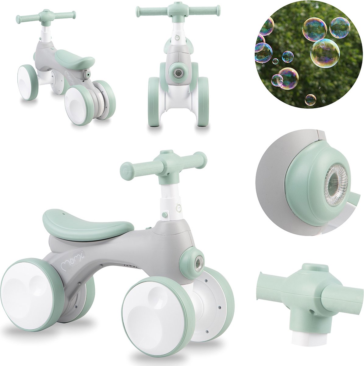 MoMi Tobis - Loopfiets - Balance Bike - Met Bellenblaas, Licht & Claxon - 18 maanden tot 3 jaar - Grijs (5900495035288)