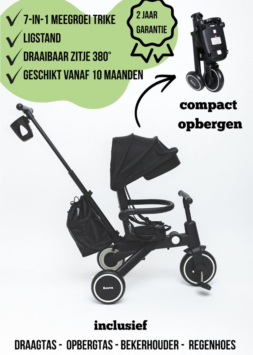 Roova Trike Zwart 7-in-1 Driewieler - Inklapbaar - 10 mnd-4 jaar (8721516371027)