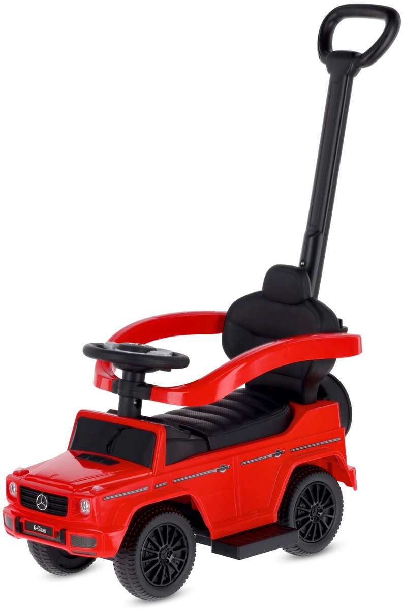 SUN BABY Mercedes-Benz G Loopauto 3-in-1 met Duwstang - Rubberen Wielen - Vanaf 12 Maanden - rubberen wielen, voetsteunen, geluiden, opbergvak - Rood (5905525358016)