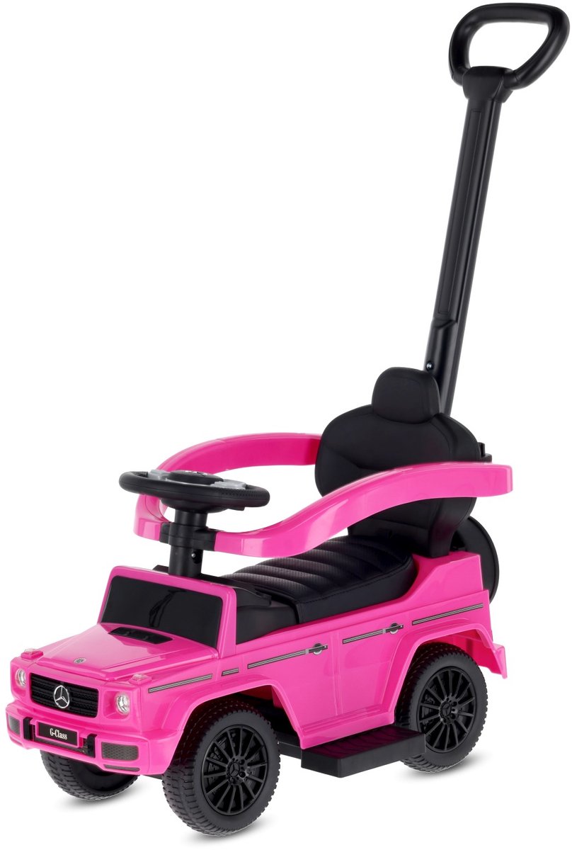 SUN BABY Mercedes-Benz G Loopauto 3-in-1 met Duwstang - Rubberen Wielen - Vanaf 12 Maanden - rubberen wielen, voetsteunen, geluiden, opbergvak - Roze (5905525357804)
