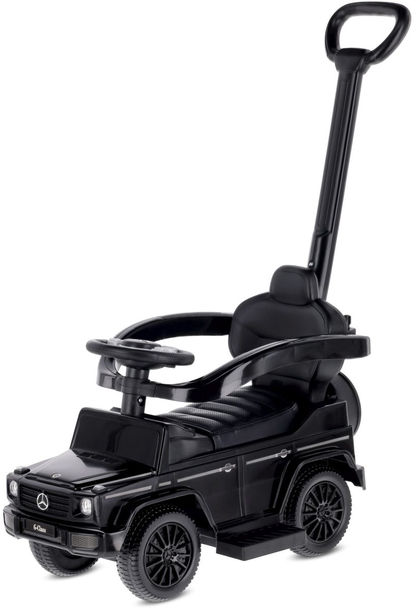SUN BABY Mercedes-Benz G Loopauto 3-in-1 met Duwstang - Rubberen Wielen - Vanaf 12 Maanden - rubberen wielen, voetsteunen, geluiden, opbergvak - Zwart (5905525357798)