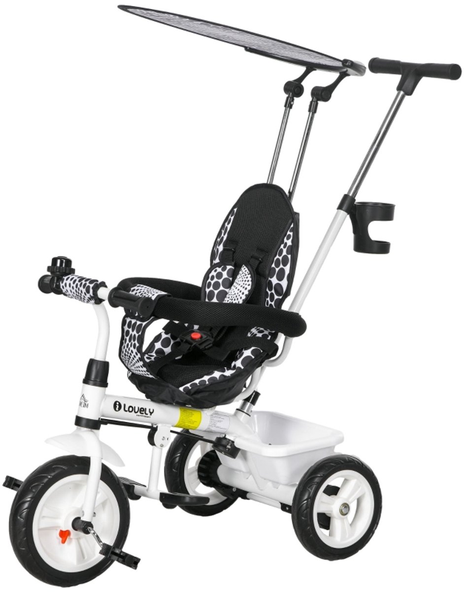 Wit Afmetingen 105 x 47 x 98 cm 6-in-1 driewieler met duwstang en dak, 5-puntsveiligheidsgordel en opbergmand, geschikt voor 1-5 jaar, comfortabel en veilig ontwerp met verstelbare ouderstang en grote wielen voor soepele ritten (4255901446099)