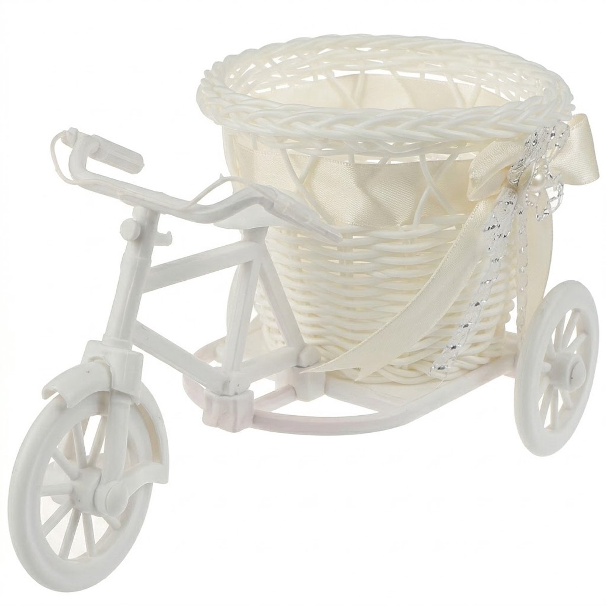 Witte vaas kunststof fiets model met mand - decoratieve bloemen vaas in driewieler vorm met gevlochten bakje voor interieur decoratie (8721588202236)