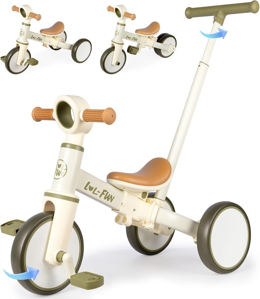 5-in-1 loopfiets voor kinderen - Kinderdriewieler met duwstang - Peuterfiets zonder pedalen - Balansfiets voor jongens en meisjes vanaf 1 jaar - Stevig carbonstalen frame - Olijfgroen (9501535972752)