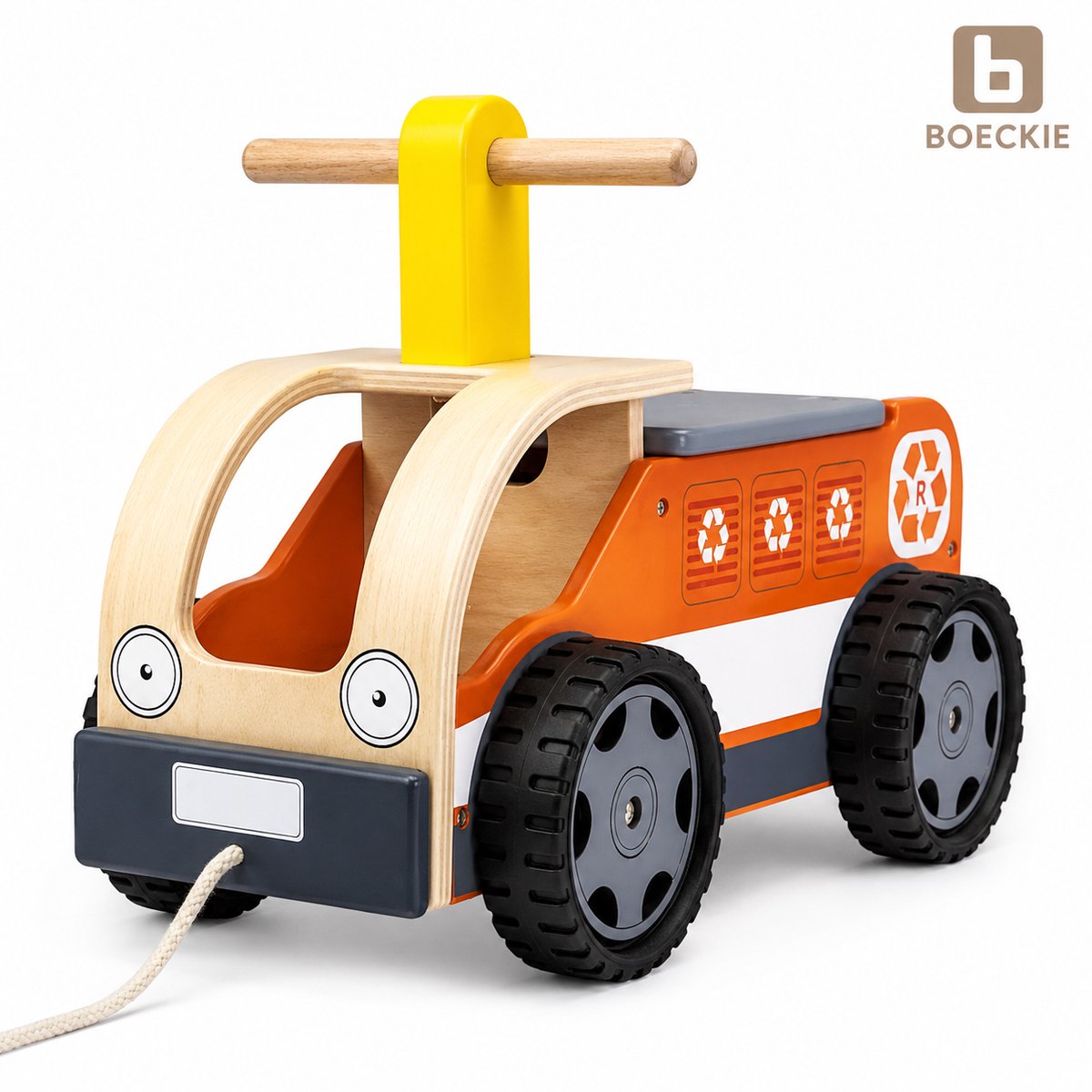 BOECKIE Houten Loopauto Recyclingwagen - Houten Loopwagen & Duwauto - Rubberen Wielen - Vanaf 18 Maanden - 48 cm (8721516194657)