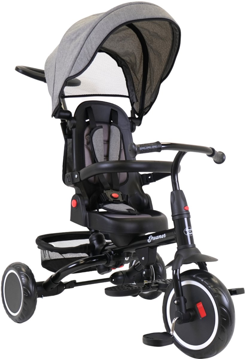 Bandits & Angels Driewieler met Duwstang Dreamer Grijs vanaf 1 Jaar - Metalen Zwarte Driewieler - Verstelbare Duwstang - Draaibare Zitting met Ligstand - Afneembare en Verstelbare Onderdelen - Veiligheidsriem (8719558088553)