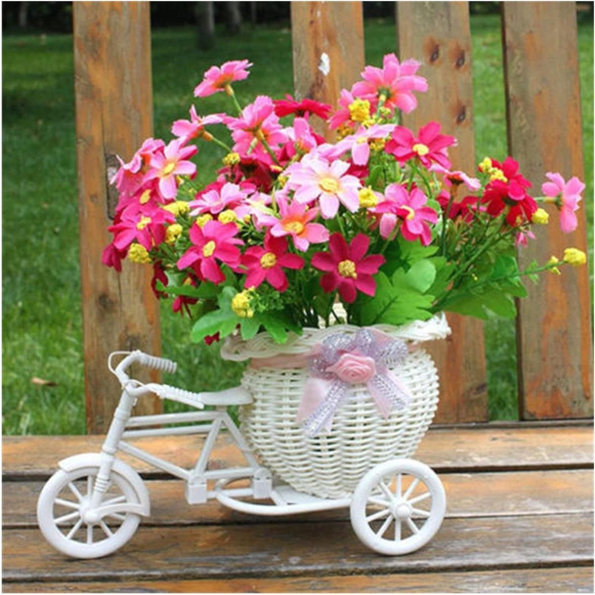 Bloempot Fiets - Decoratieve mand - Huisdecoratie - Uniek driewieler ontwerp - 23 cm lengte - Wit met kleuraccenten (9101252754947)