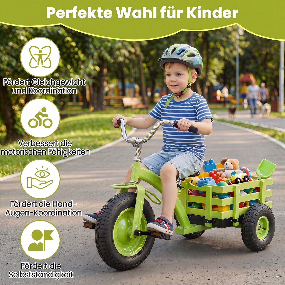 COSTWAY Kinder Driewieler, Loopfiets met aanhanger, verstelbare zitting & stuur (Groen) (0672669414063)