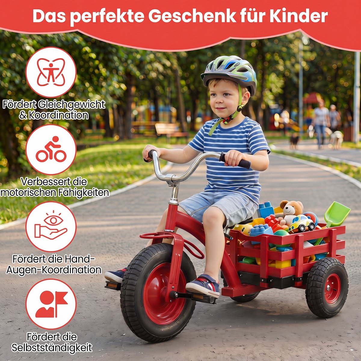 COSTWAY Kinder Driewieler, Loopfiets met aanhangwagen, verstelbaar zadel & stuur (Rood) (0672669414087)