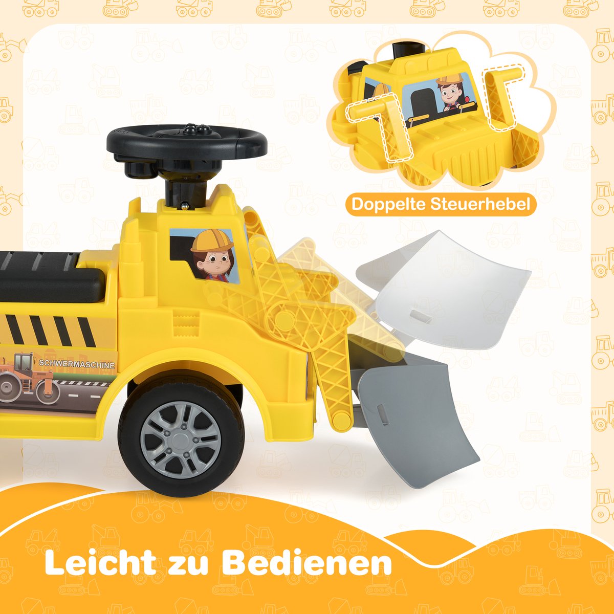 COSTWAY Zitgraafmachine met stofpan en afneembare aanhanger, kindergraafmachine met opbergruimte onder de stoel, claxon en muziek, zitgraafmachine voor kinderen vanaf 1 jaar (0672669255338)