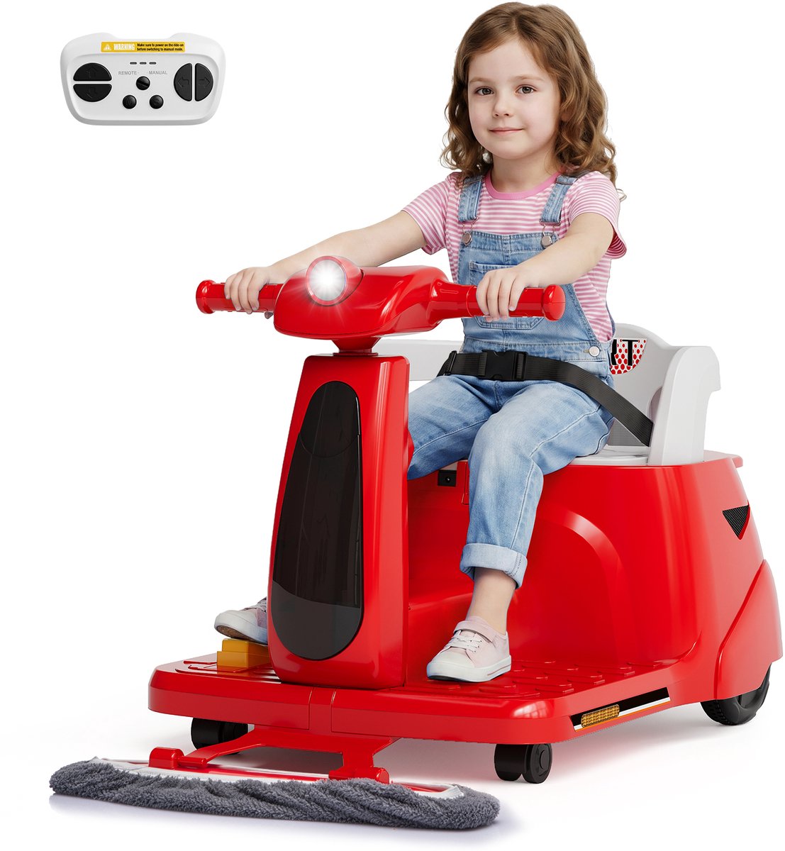 Danky-Elektrische Kinderauto met Afstandsbediening - Rode Driewieler met Dweilfunctie, 12V Auto met Veiligheidsgordel, Vooruit en Achteruit, voor Kinderen vanaf 3 Jaar (0885436673345)