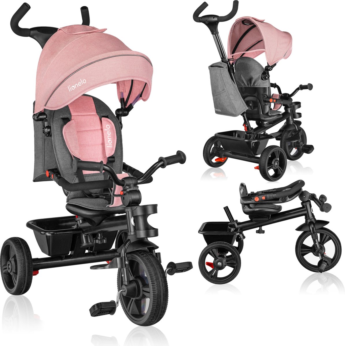 Lionelo Haari - Driewieler - Drankhouder - 2in1 - Draaibare Zitting - Rubberen Onderhoudsvrije Wielen - Vrij Wiel - Schuifstang voor Ouders - Luifel - Mand en Tas - Bekerhouder - Groeit Mee - Vanaf 18 Maanden tot 25 kg (5902581658821)