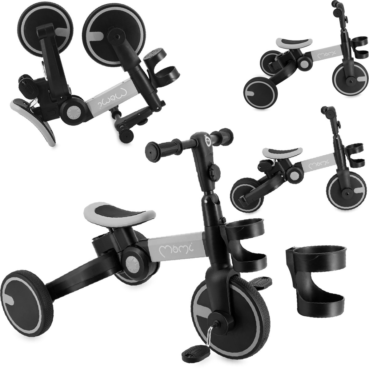 MoMi FILO - 3-in-1 Kinderfiets - Loopfiets - Driewieler - Loopauto - Opvouwbaar - Met Pedalen - Grijs (5907504515618)