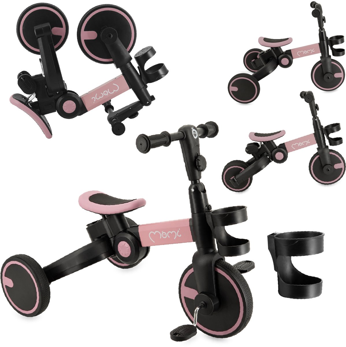 MoMi FILO - 3-in-1 Kinderfiets - Loopfiets - Driewieler - Loopauto - Opvouwbaar - Met Pedalen - Roze (5907504515625)