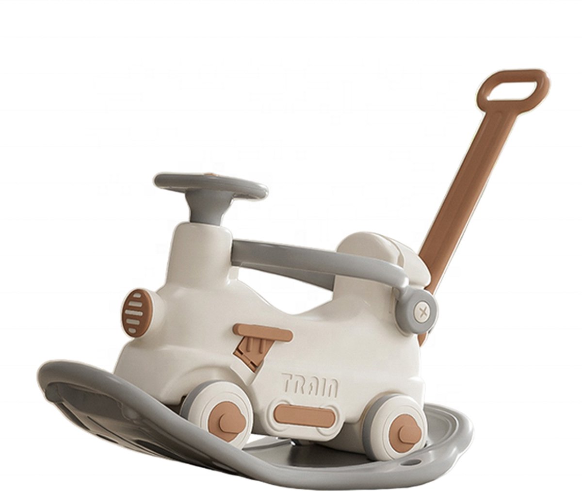 Mogi Products - 3-in-1 Schommeltrein & Loopauto - Kindervoertuig met Duwstang en Veiligheidsbeugel - Schommelpaard Baby & Peuter - Beige/Grijs (8720514102268)
