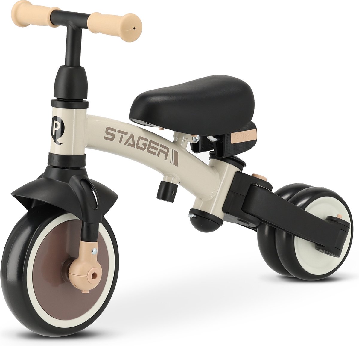 Qplay Stager Driewieler met Duwstang - Peuterfiets 3-in-1 Opvouwbaar - Bruin (5061047481745)