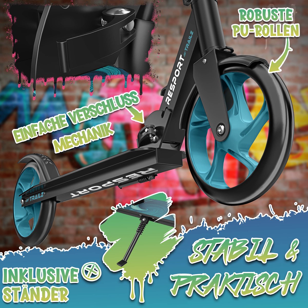 RE:SPORT Citystep voor Kinderen & Volwassenen - Kinderstep - Step met Grote Wielen 200mm - Inklapbaar & Verstelbaar - Tot 100kg - Inclusief Bel & Draagriem - Kickscooter (4262498582383)