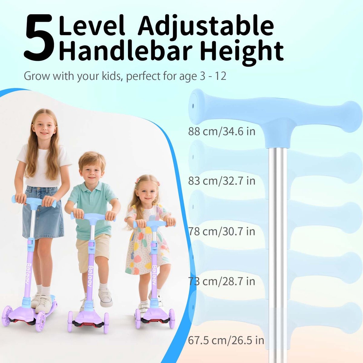 SnelShoppen - A3 Kinderstep voor 3 jaar, Hoogte Verstelbare Sturen, Lichtgevende PU-wielen, 3-Wielstep met Antislip Dek voor Meisjes en Jongens - Purp (2876065315568)
