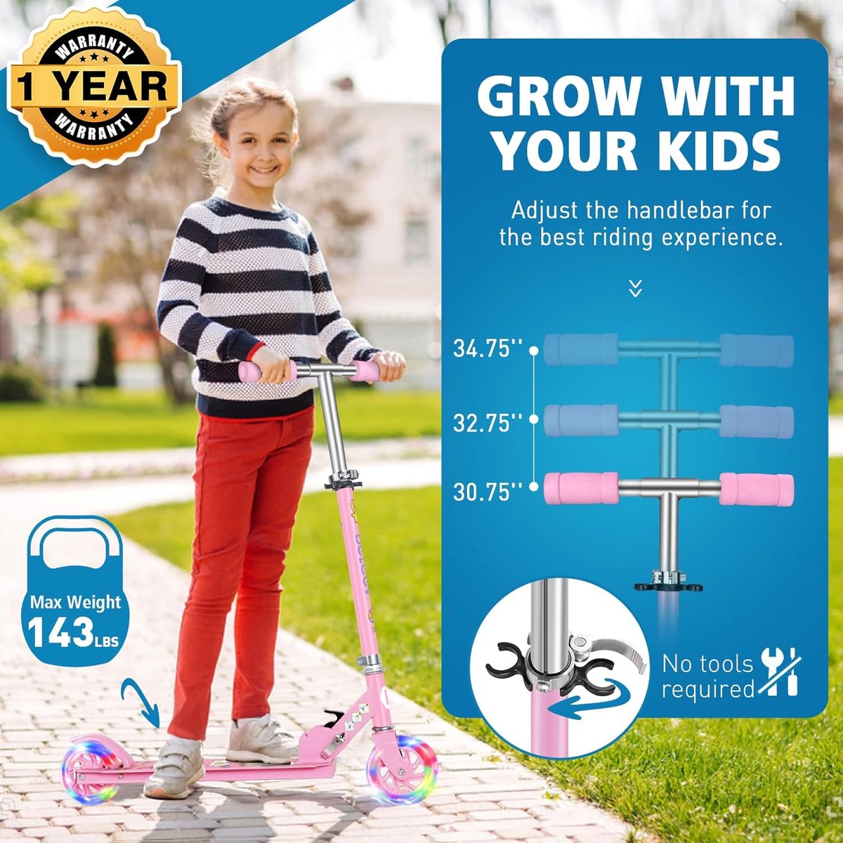 SnelShoppen - BELEEV V1 Kinderstep 2 Wielige Inklapbare Scooter voor Meisjes en Jongens, 3 Verstelbare Hoogtes, LED Lichtgevende Wielen, Lichtgewicht (2386377076021)