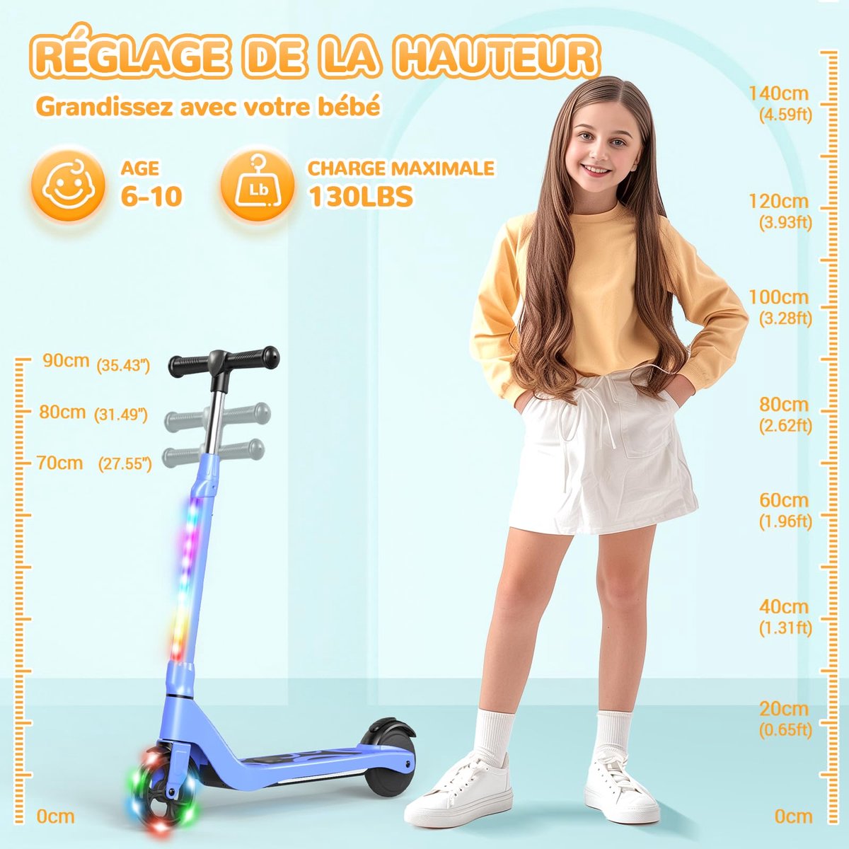 SnelShoppen - Elektrische step voor kinderen 6-10 jaar, 5,3 inch met kleurrijk ledlicht, 3 verstelbare hoogtes, maximale snelheid 10 km/u, kinderstep (2388232706333)
