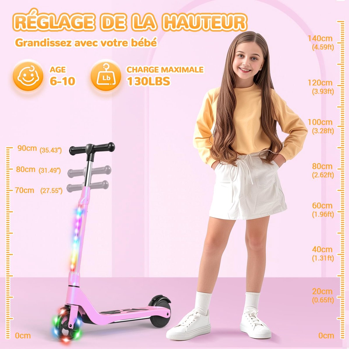 SnelShoppen - Elektrische step voor kinderen 6-10 jaar, scooter met kleurrijk LED-licht, 3 verstelbare hoogtes, snelheid 10 km/u, max belasting 70 kg, (2911506341550)