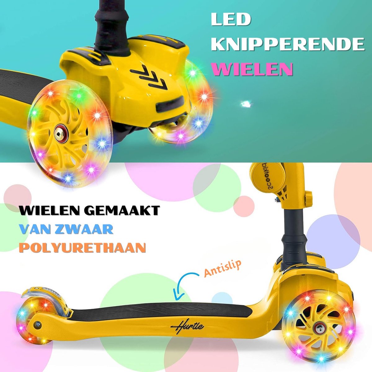 SnelShoppen - Hurtle Kinderstep, 3-wiel Step, Opvouwbare Scooter, Verstelbare Hoogte, Antislip Platform, LED Verlichte Wielen voor Meisjes/Jongens van (2688896566602)